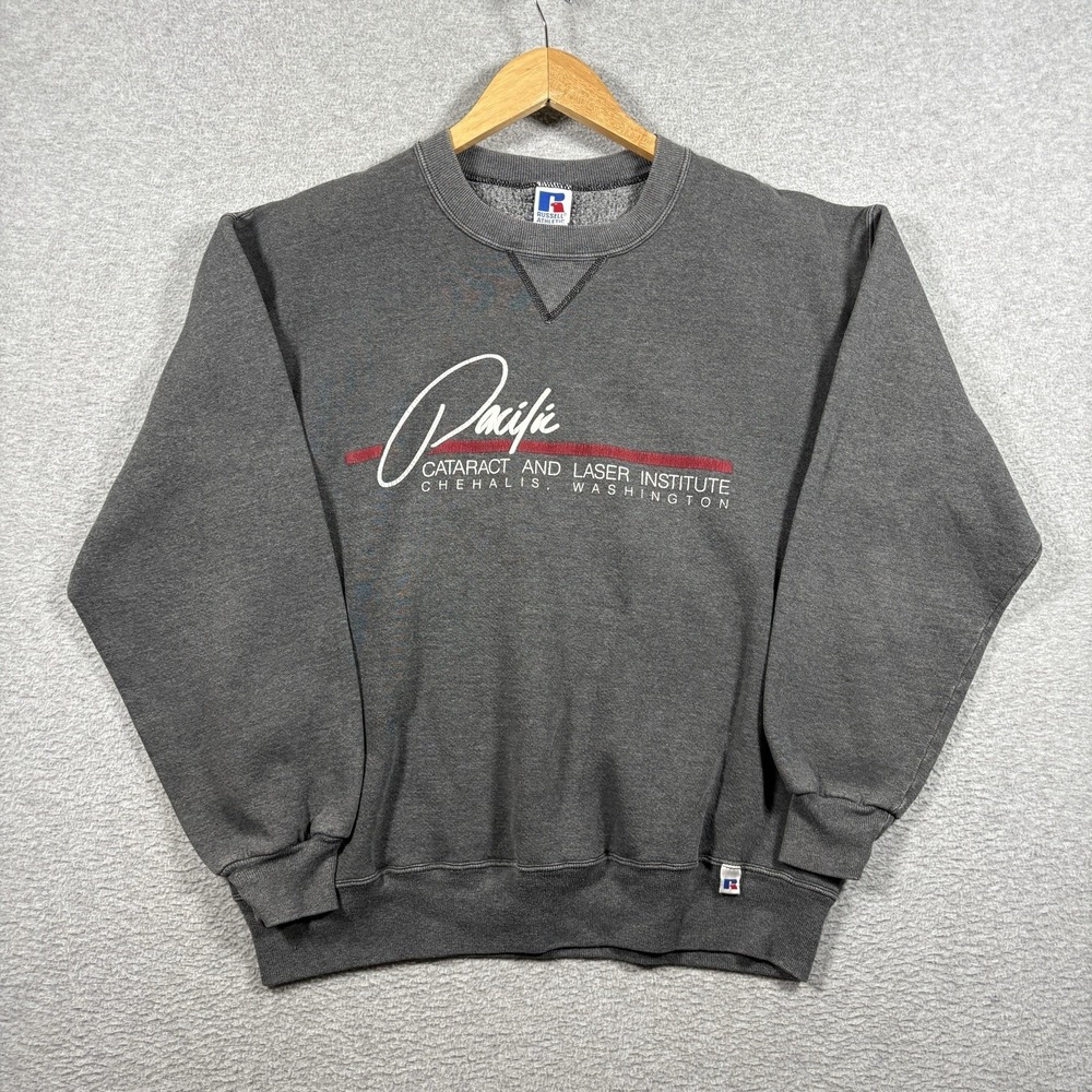 Vtg 90s Russell Athletic Crewneck Sweatshirt L Dark Grey Boxy Made in USA Faded
